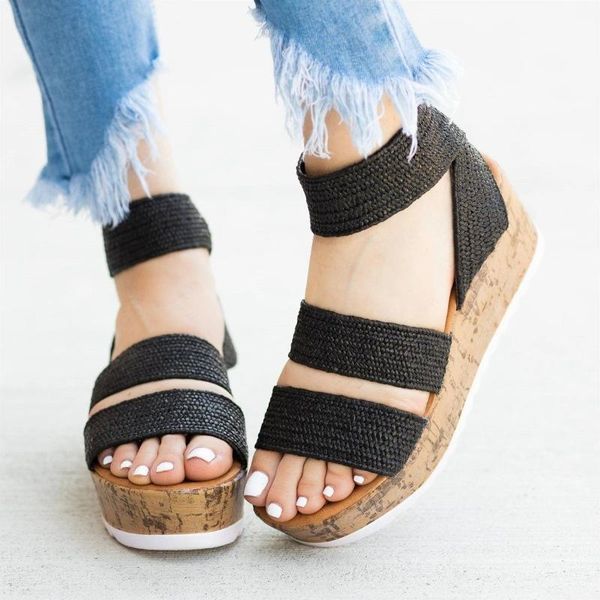 fashion summer women sandals female beach shoes wedge high heel comfortable platform plus size 35-43, Black